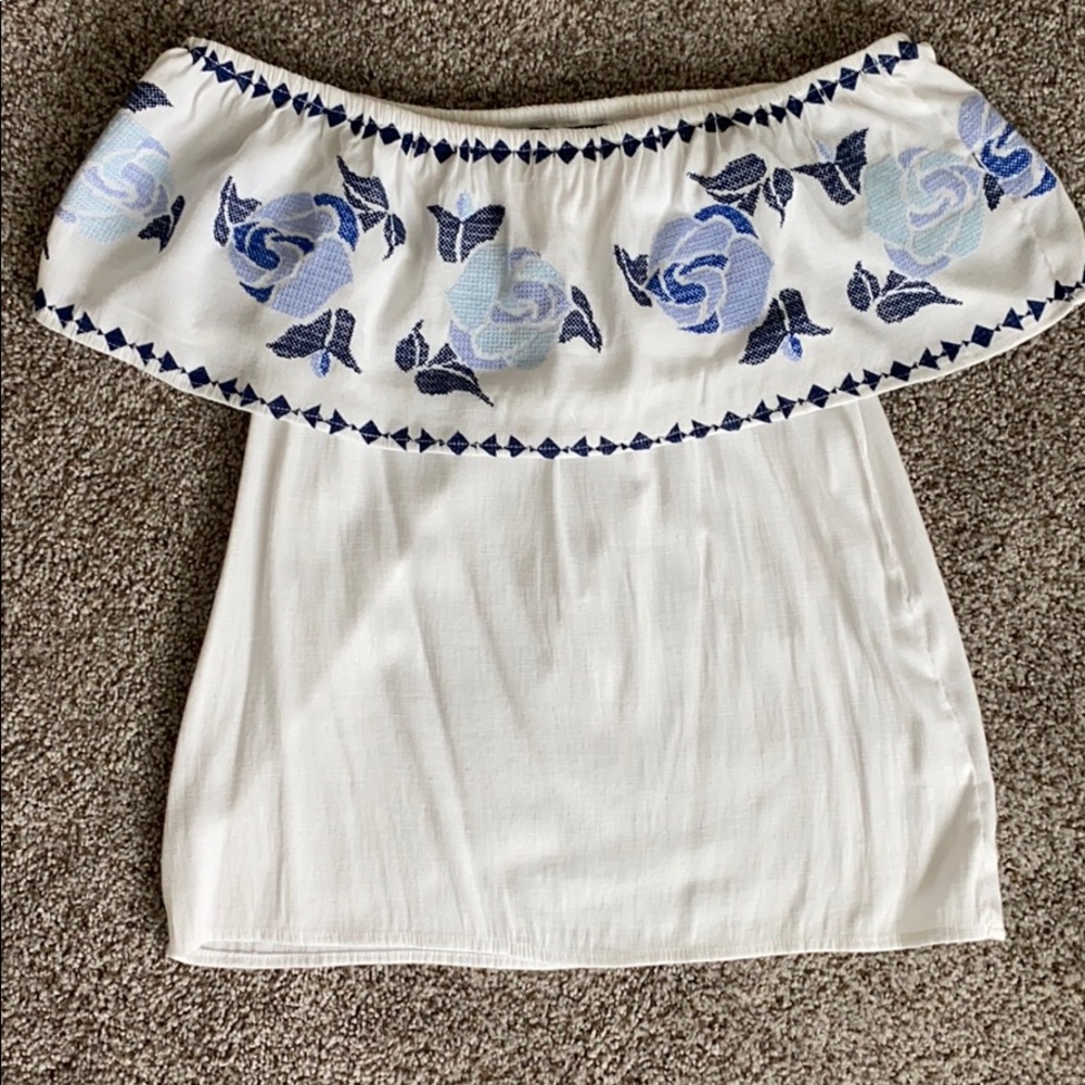 Blue Rain Off The Shoulder Top